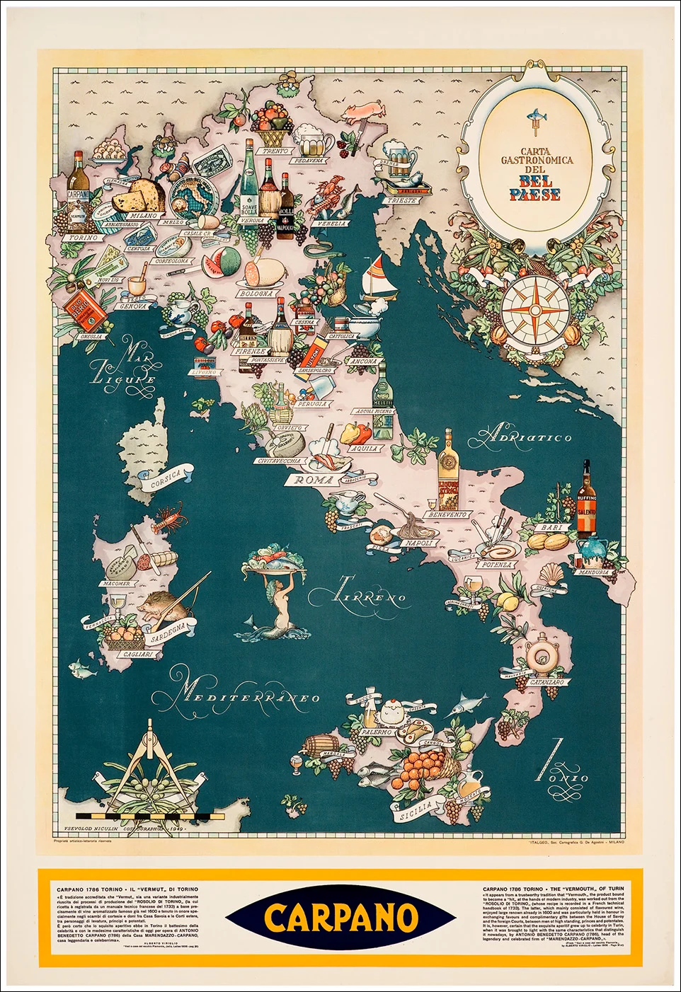 Carpano Punt e Mes vermuth, Torino - carta enogastronomica dell'Italia / 69,5 x 101,4 cm