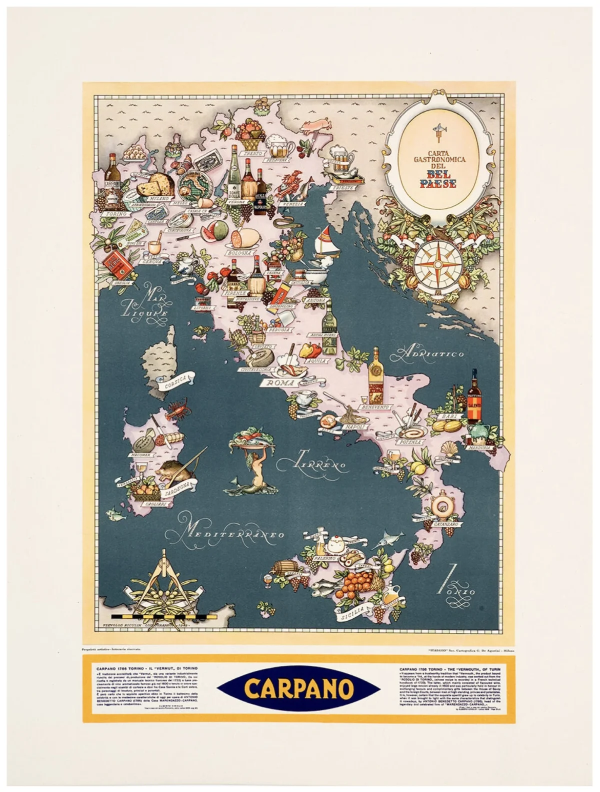 Carpano Punt e Mes vermuth, Torino - carta enogastronomica dell'Italia / 50,5 x 70 cm (in cornice)