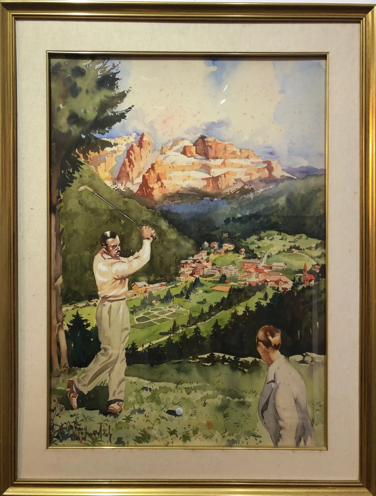 Veduta di Ortisei (Bolzano) - Acquarello originale d'epoca / Golf