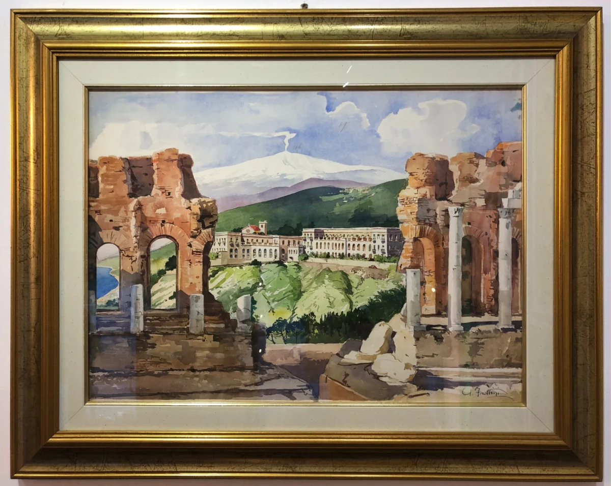 Teatro Greco di Taormina (Messina) e Hotel San Domenico Palace - Acquarello originale d'epoca