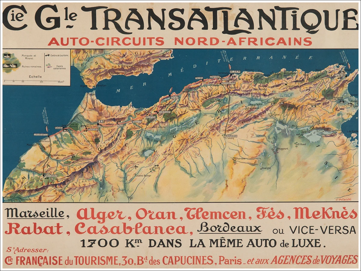 Auto-circuits Nord Africains, CGT Compagnie Générale Transatlantique / Marseille, Alger, Oran, Tlemcen, Fès, Meknès, Rabat, Casablanca, Bordeaux