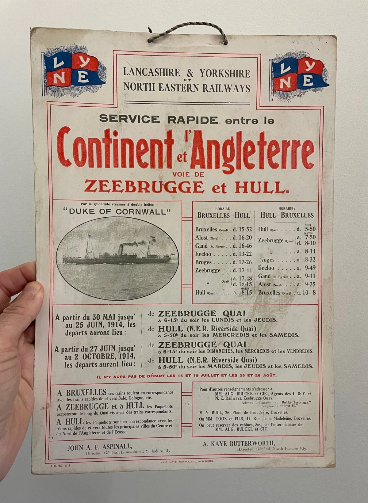 Continent et l'Angleterre voie de Zeebrugge et Hull, Lancashire & Yorkshire - North Eastern Railways / Steamer "Duke of Cornwall"