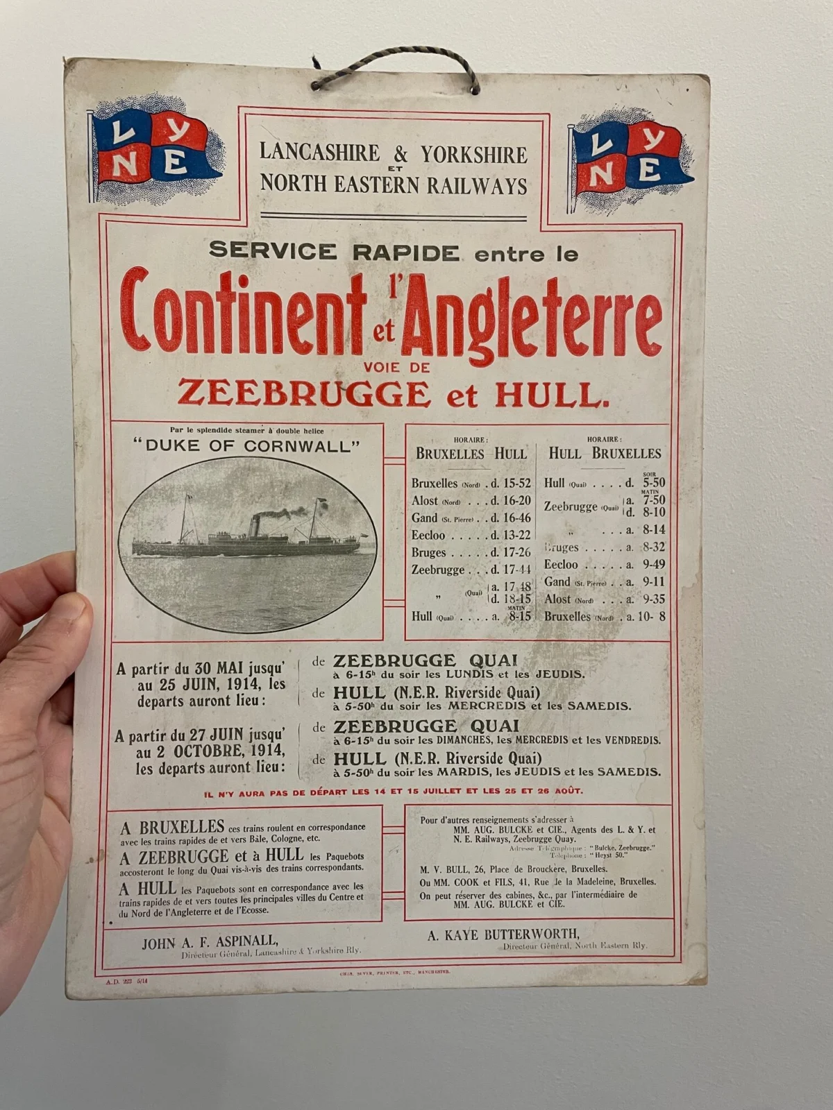 Continent et l'Angleterre voie de Zeebrugge et Hull, Lancashire & Yorkshire - North Eastern Railways / Steamer "Duke of Cornwall"