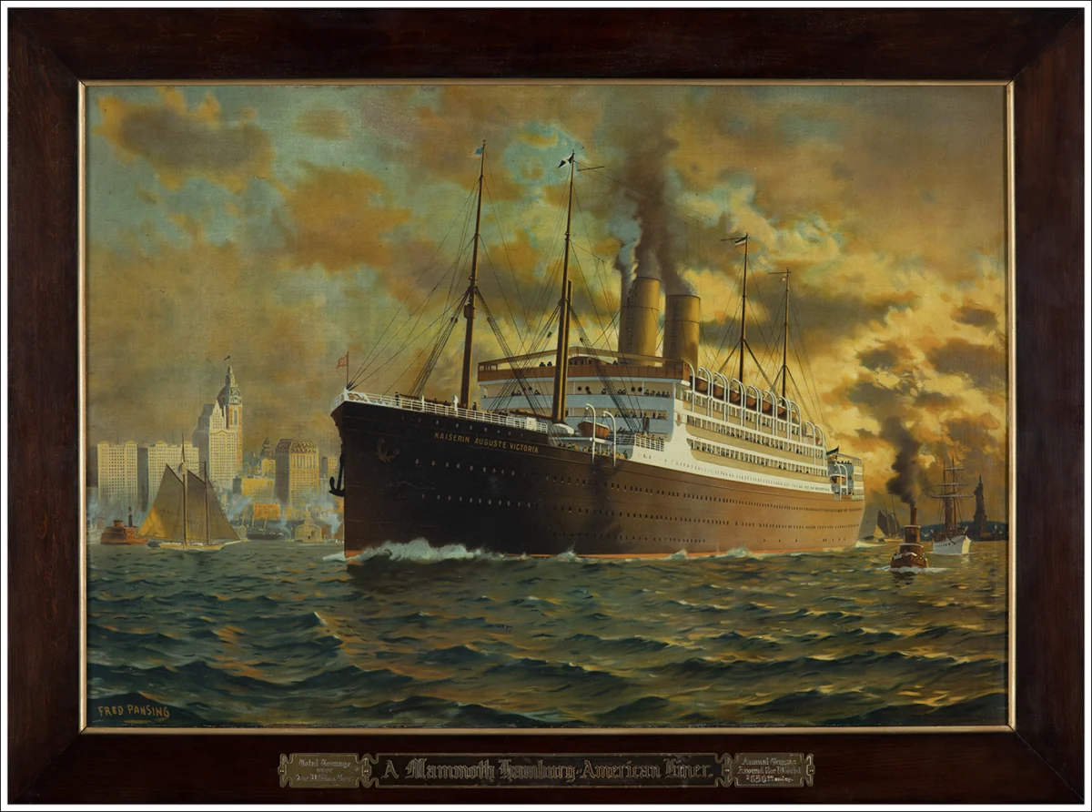 Hamburg Amerika Linie, Kaiserin Auguste Victoria, Hamburg-New York / Latta litografata, cornice originale d’epoca