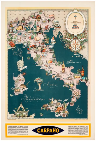 Carpano Punt e Mes vermuth, Torino - carta enogastronomica dell'Italia / 69,5 x 101,4 cm