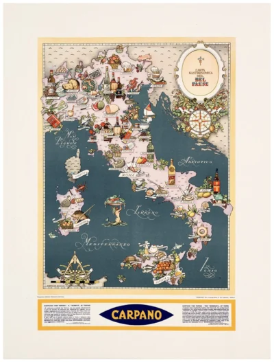 Carpano Punt e Mes vermuth, Torino - carta enogastronomica dell'Italia / 50,5 x 70 cm (in cornice)