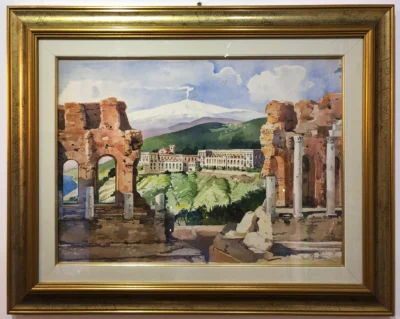 Teatro Greco di Taormina (Messina) e Hotel San Domenico Palace - Acquarello originale d'epoca